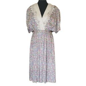 Vintage 80s Romantic Pastel Floral Lace Trim Tea Dress Prairie Lace Collar - 16